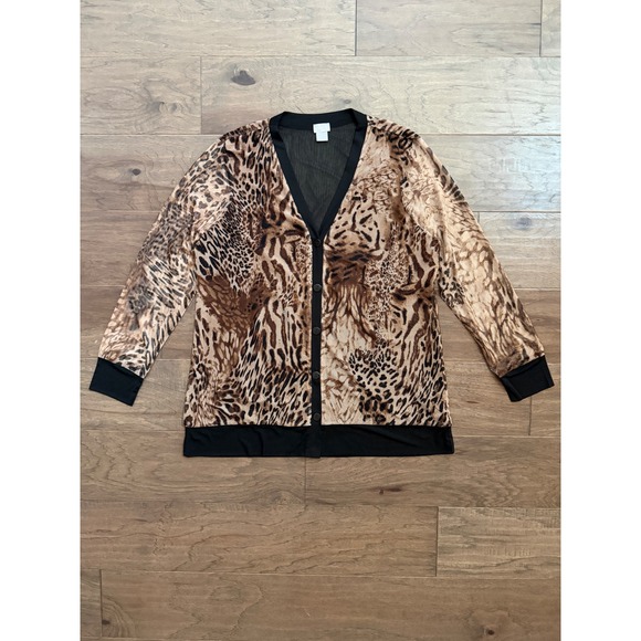 Chico's Sweaters - Chico's Cardigan Women Size 2 L Brown Animal Print Sheer Button Up Casual Top
